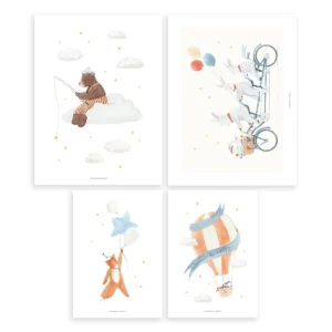 Set de 4 láminas lapin, ours, renard, montgolfières