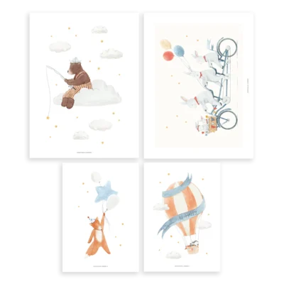 Set de 4 láminas lapin, ours, renard, montgolfières