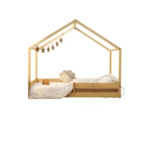 Cama casita D frontal - Blanco/Barniz