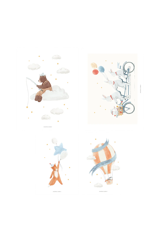 Set de 4 láminas lapin, ours, renard, montgolfières